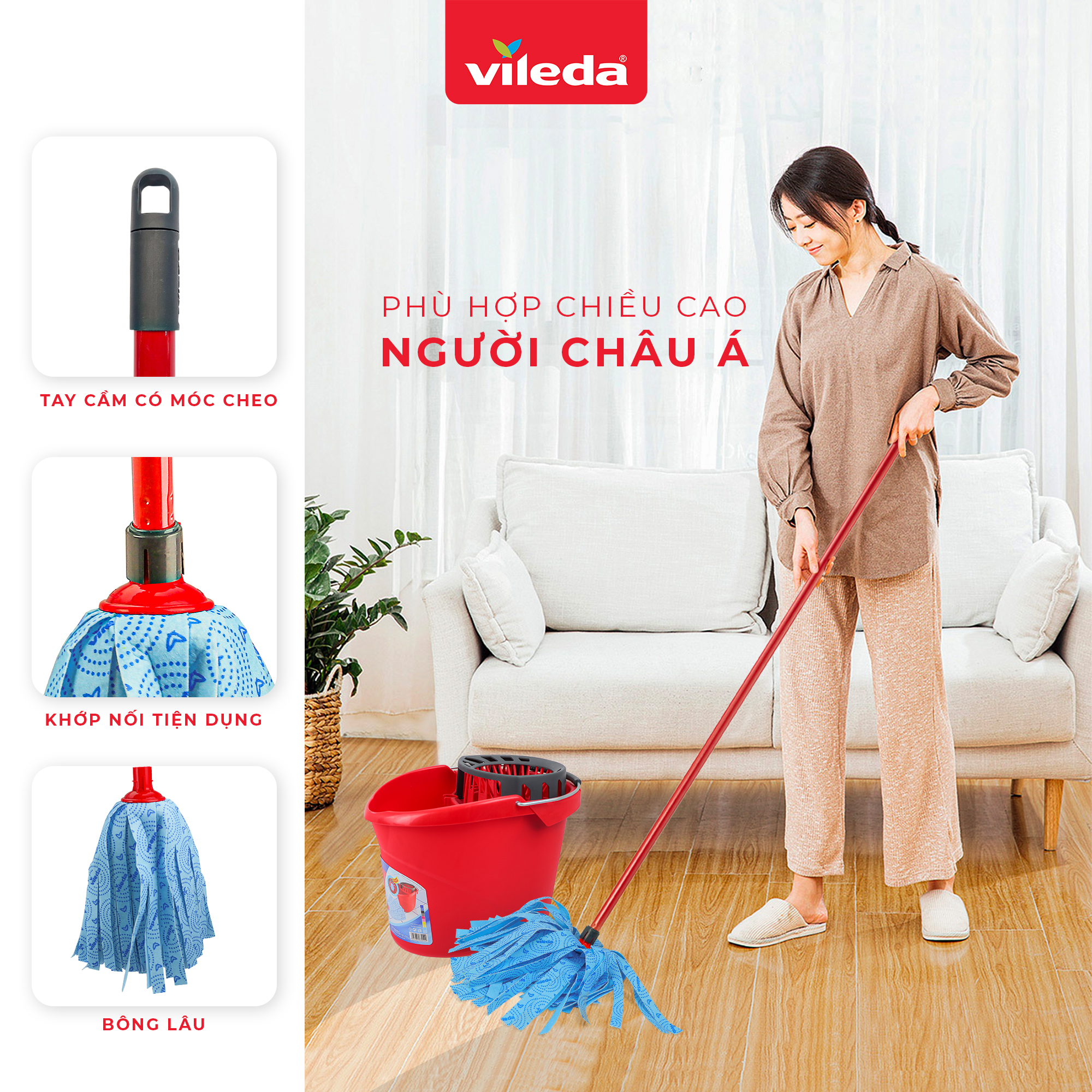 Cây lau nhà đa năng VILEDA Supermocio Wet vải sợ microfibre, đa năng cho mọi loại sàn nhà