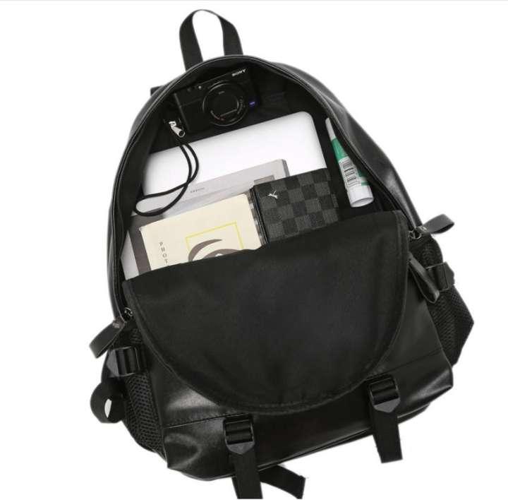 Unisex Backpack Pu Leather Student Bag - Black