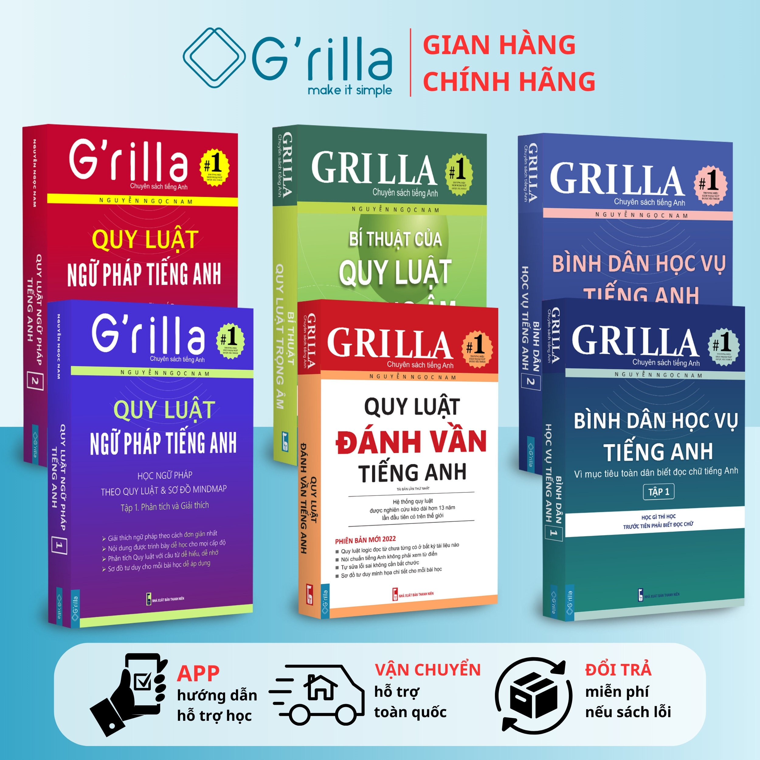 Sách - Combo 6 Bình dân học vụ tiếng Anh, Học đánh vần và Ngữ pháp theo quy luật 1 &amp; 2 GRILLA