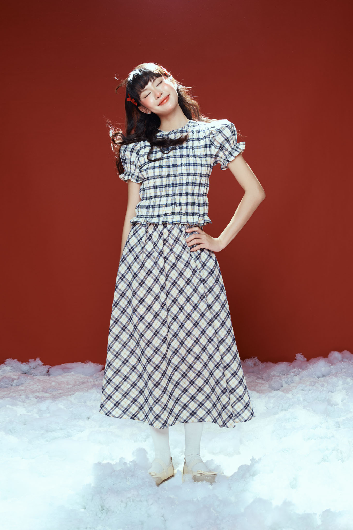 DOTTIE - Chân váy midi kẻ ô - Xanh đen - S0253