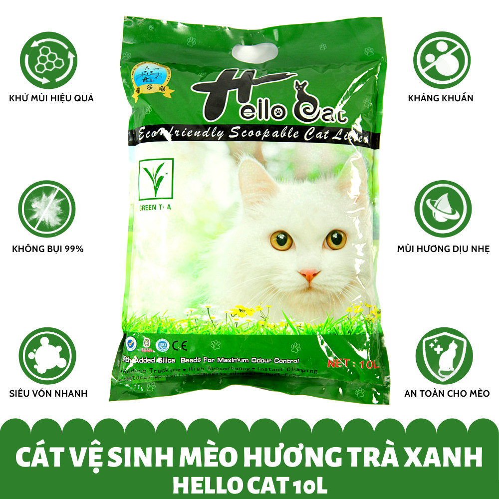 Cát Vệ Sinh Thái Lan Dành Cho Mèo Hương Trà Xanh Không Bụi Vón Nhanh Mùi Hương Dịu Nhẹ Dễ Chịu Hello Cat Green Tea Bentonite Sand (10L/7KG) - TẶNG 1 Lon Pate Hello Cat Pate Mùi Ngẫu Nhiên 190G