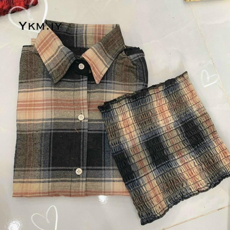 Áo sơ mi kẻ caro 6 màu kèm áo ống nhúng cùng màu dài tay phom rộng unisex/ Áo khoác chống nắng oversize nam nữ kẻ caro