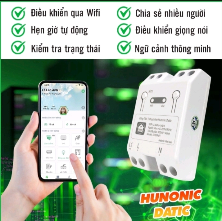 Công Tắc Thông Minh Wifi Hunonic Datic 1 Kênh 500W/220V Điều Khiển Thiết Bị Từ Xa Qua Điện Thoại, Hẹn Giờ Tự Động.