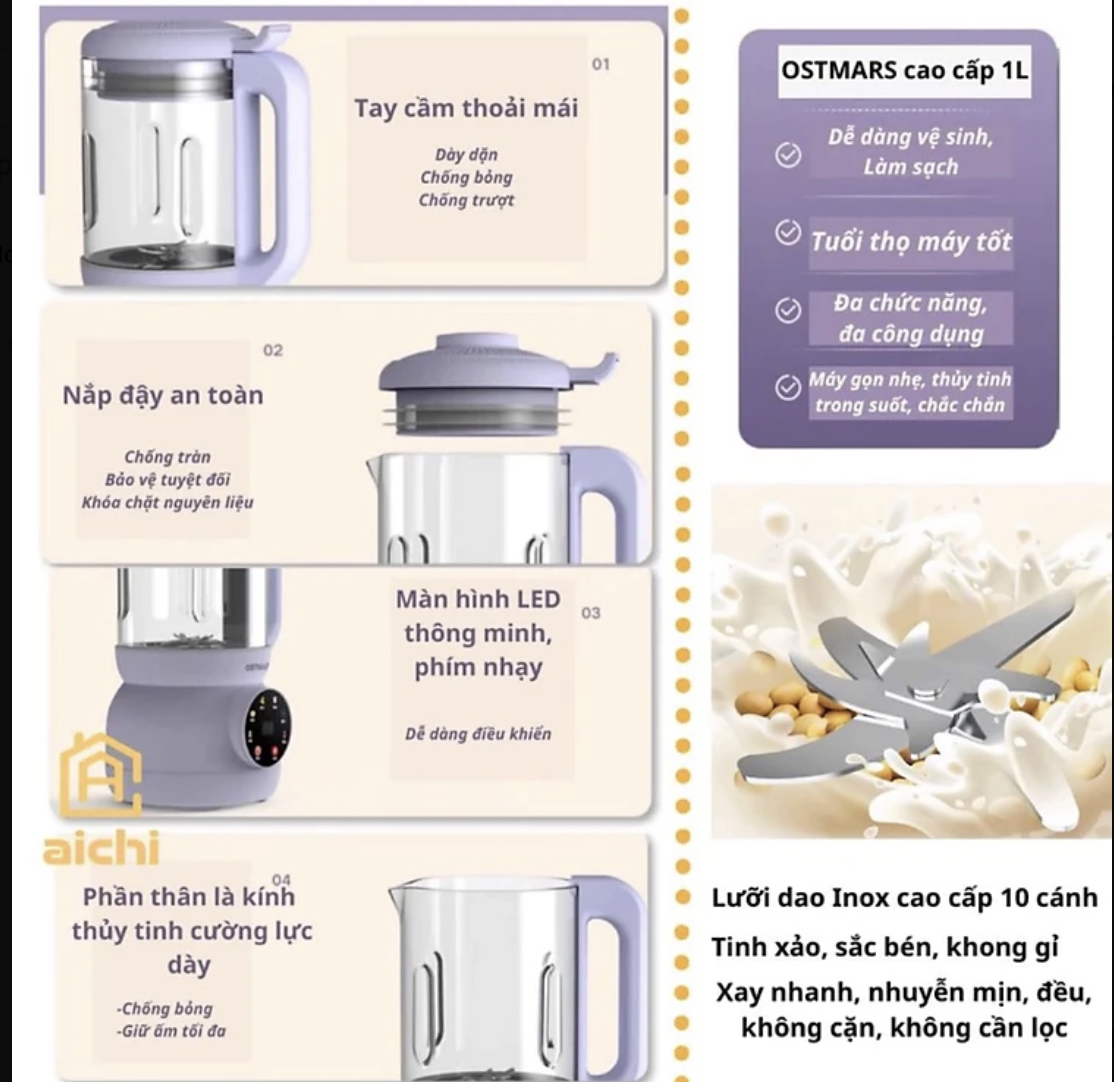 Máy làm sữa hạt Ostmars Tím - Cối thủy tinh chịu lực, lưỡi dao Inox 304, điều khiển cảm ứng, nấu tự động đa dạng