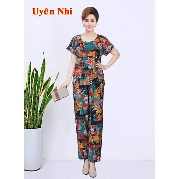 Bộ mặc nhà trung niên nữ cho bà cho mẹ kiểu dáng sang trọng_ bộ lanh dài chân mùa hè trung niên nữ