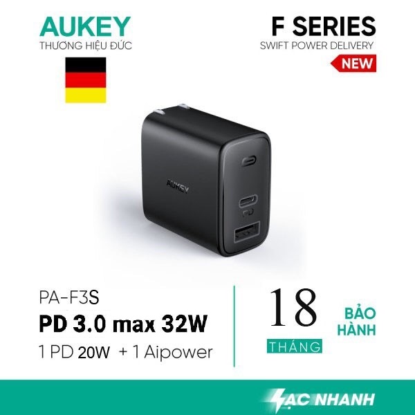 Cốc Sạc Aukey 2 Cổng PA-F3S, Sạc Nhanh Cổng Type C Power Delivery 20W, Cổng USB-A 12W - Hàng Chính Hãng