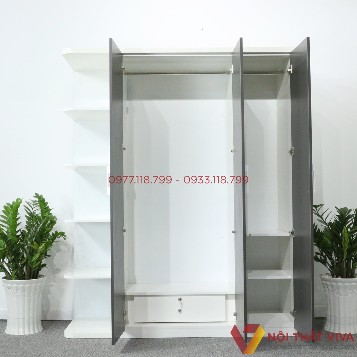 Tủ Quần Áo 3 Cánh Gỗ MDF Màu Trắng Cửa Xanh Đen Hiện Đại
