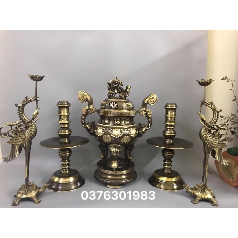 Bộ đỉnh ngũ sự đỉnh Hạc nến bằng đồng Đúc thủ công cao 50cm