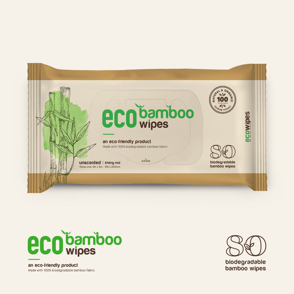 Khăn giấy ướt cao cấp EcoWipes gói 80 tờ vải sợi tre sinh thái Bamboo không mùi có thể phân hủy