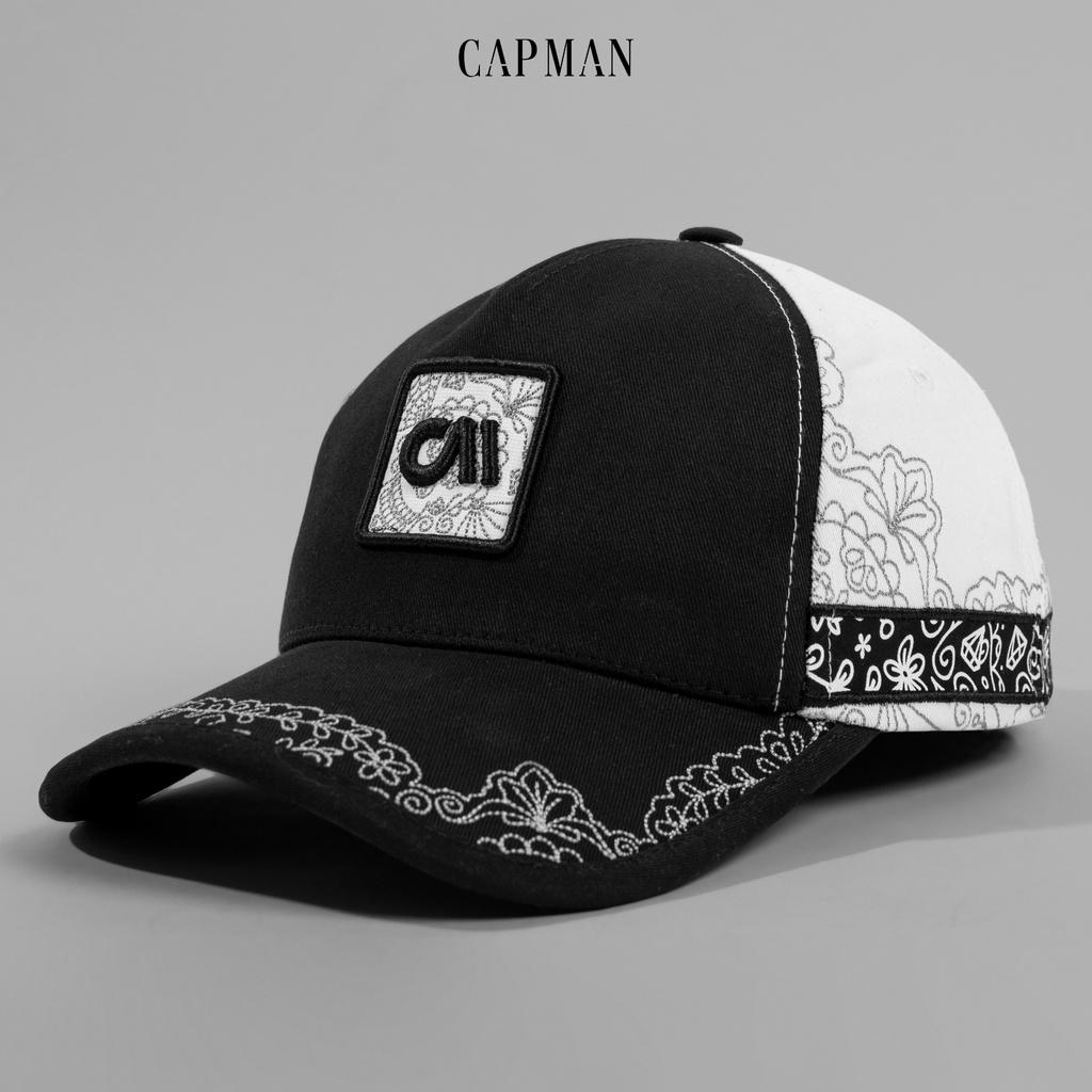Mũ lưỡi trai chóp vuông CAPMAN CM64 dáng thể thao ôm đầu màu đen hoa văn viền lưỡi nón