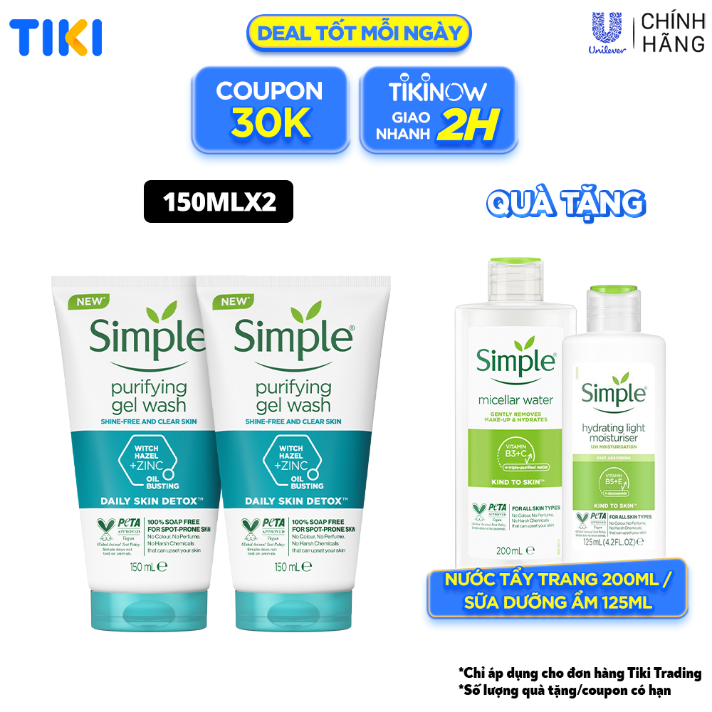 Combo 2 Sữa rửa mặt Simple giúp kiềm dầu và ngừa mụn hiệu quả - cho da mụn nhạy cảm 150ml