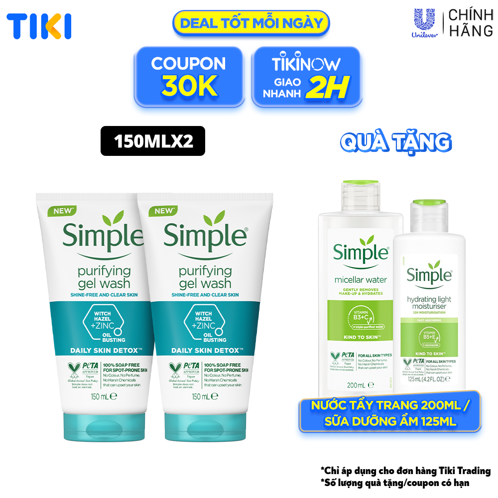 Combo 2 Sữa rửa mặt Simple giúp kiềm dầu và ngừa mụn hiệu quả - cho da mụn nhạy cảm 150ml [CHÍNH HÃNG ĐỘC QUYỀN] [DIỆN MẠO MỚI]