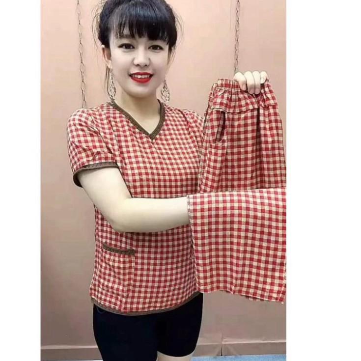 Set đồ kẻ caro cổ tim 3 màu quần dài ống suông xinh xắn