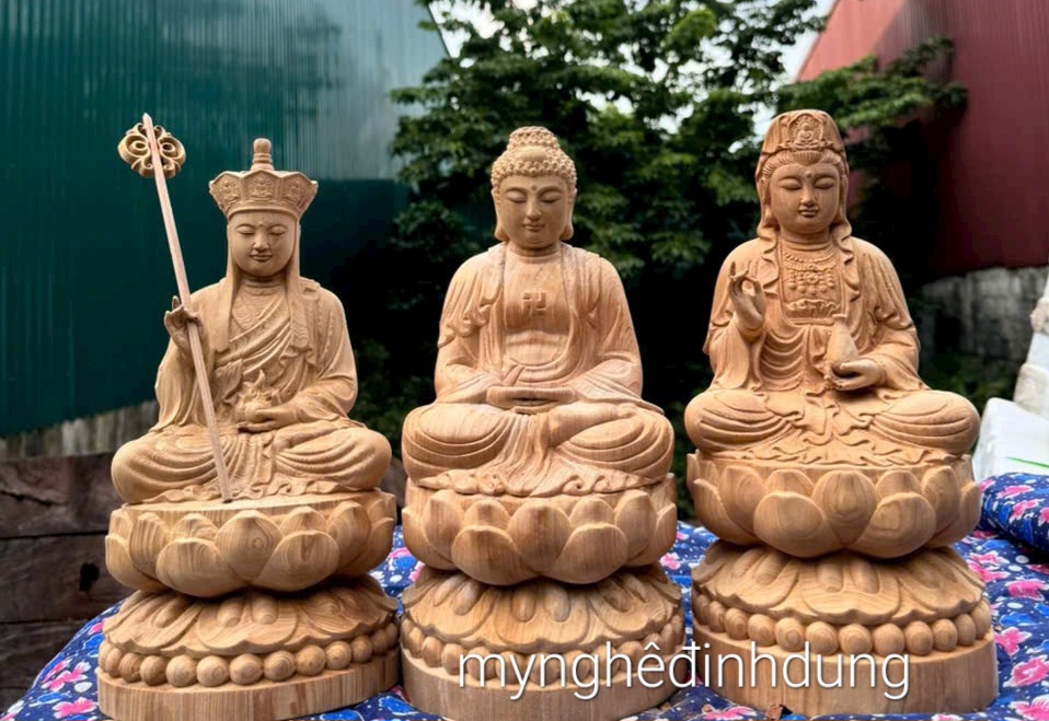 Bộ tượng phật tam thánh bằng gỗ ngọc am thơm nức kt cao 30x15x15cm