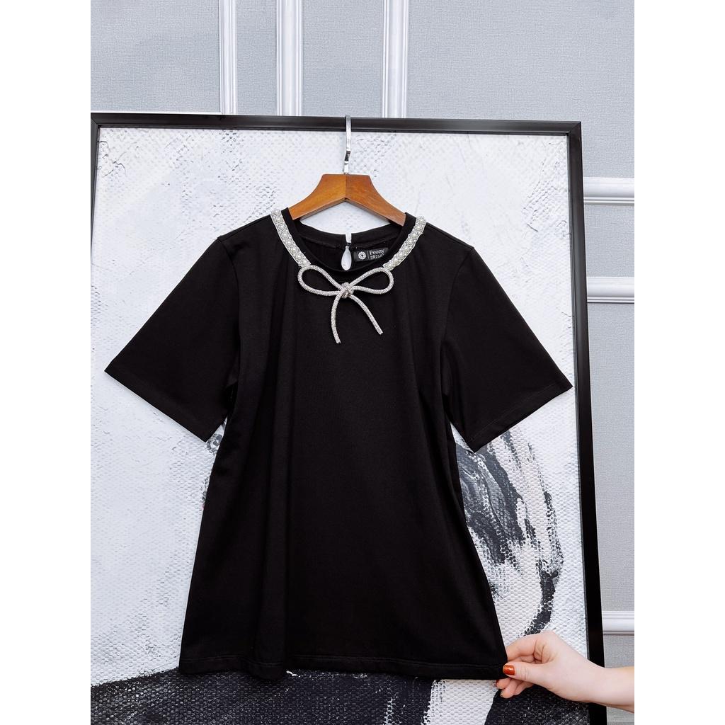 Áo thun kiểu đính nơ phụ kiện cao cấp, nữ tính, trendy, dáng rộng - Peony