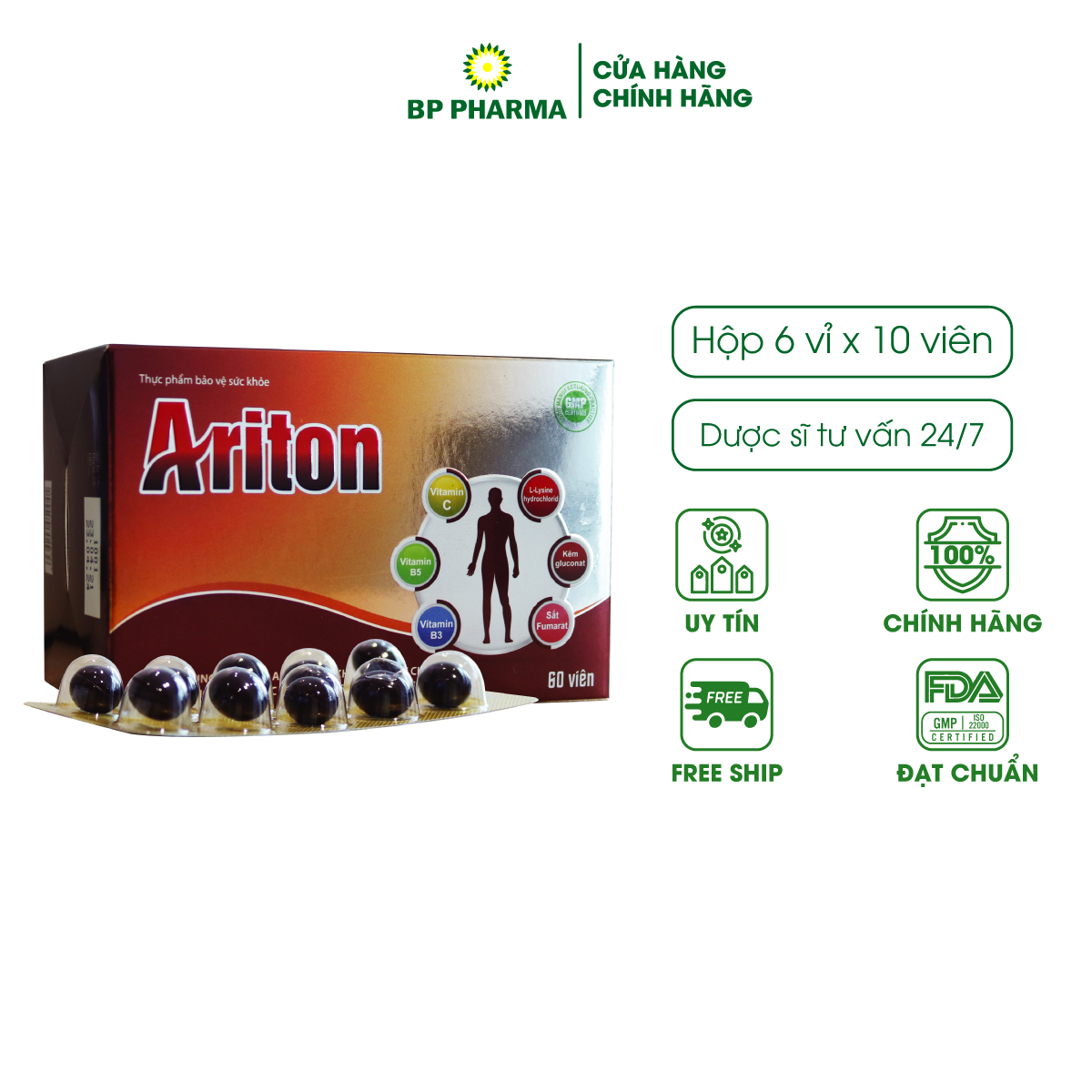 Viên Uống Bổ ARITON Hỗ Trợ Tăng Cường Sức Khỏe, Sức Đề Kháng, Bổ Sung Vitamin, Khoáng Chất Cho Cơ Thể - Hộp 60 Viên