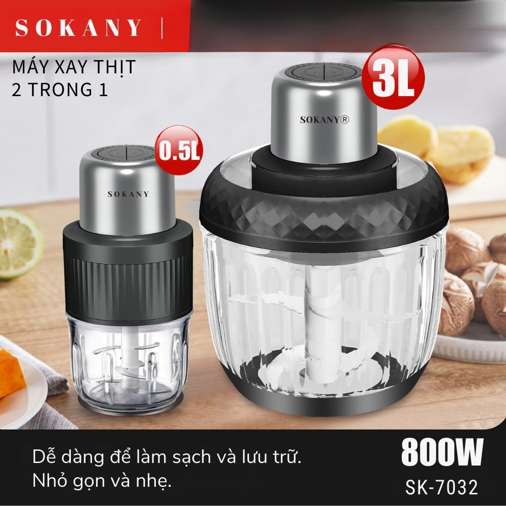 Máy xay thịt, máy xay tỏi ớt đa năng 2IN1 SOKANY SK-06008 công suất cao 800W xay nhuyễn thực phẩm, dung tích 3L - HÀNG CHÍNH HÃNG - DELIYA