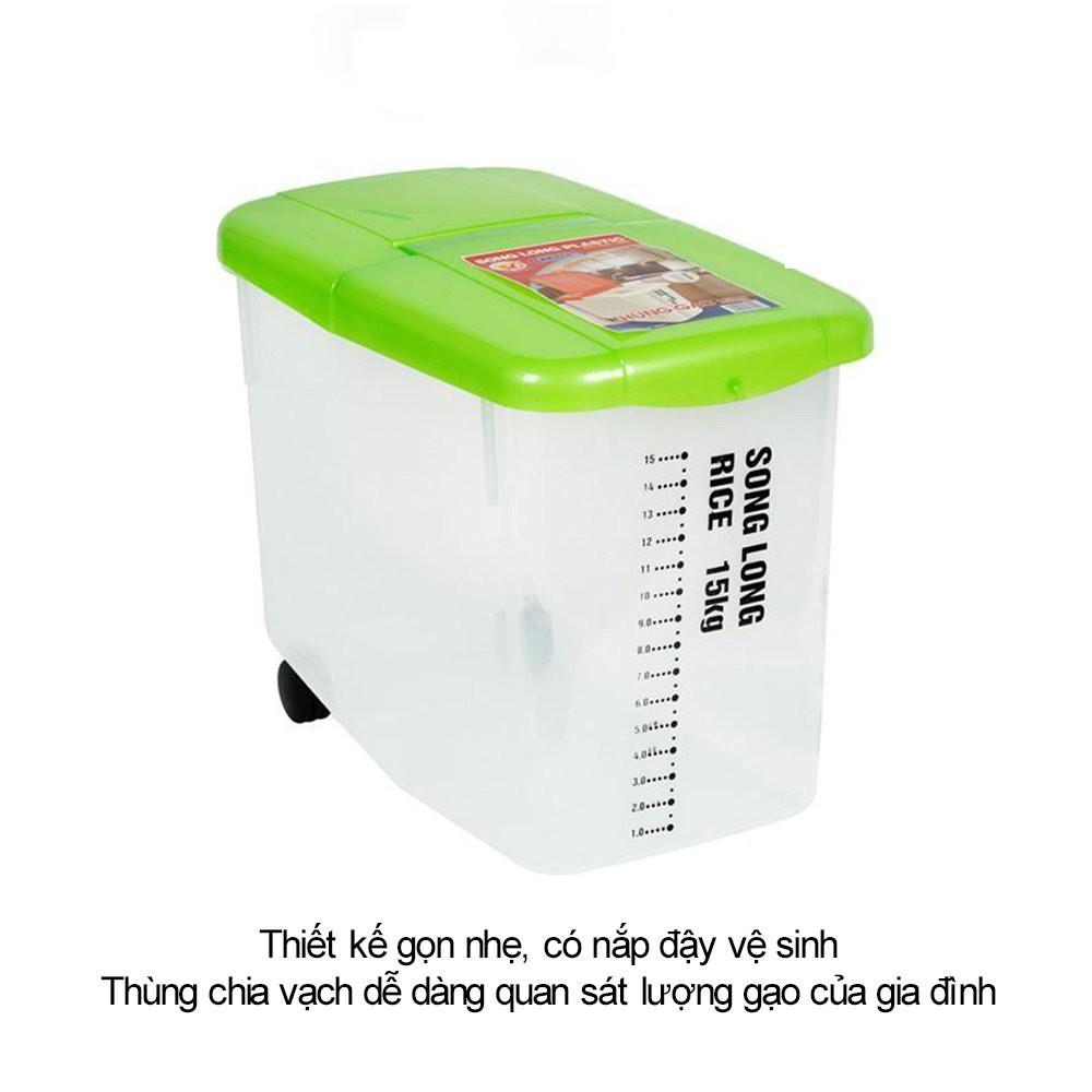 Thùng đựng gạo có nắp Song Long Plastic 10kg, 15kg nhựa cao cấp có bánh xe