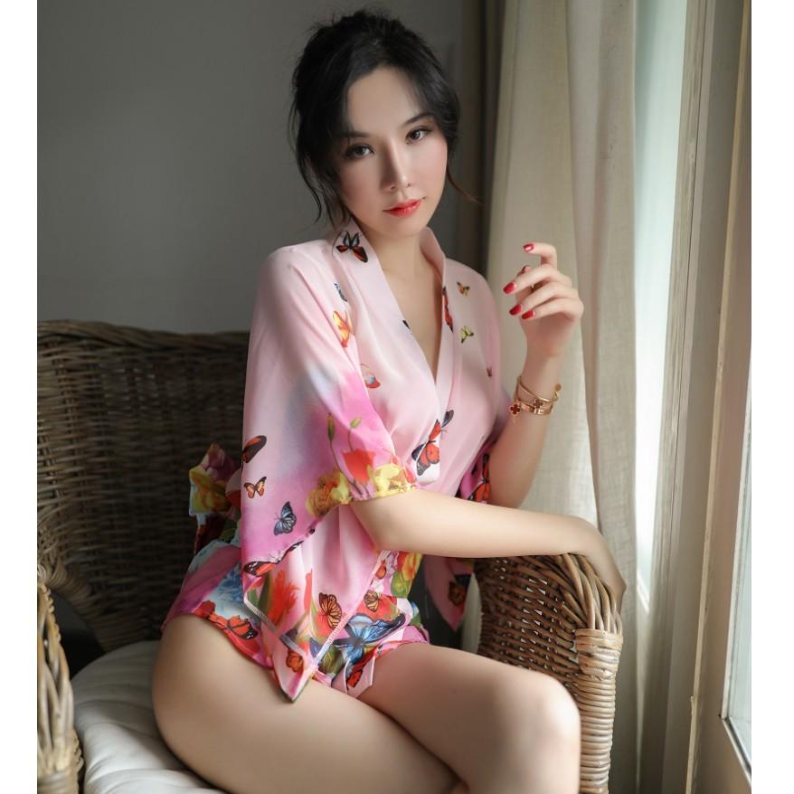 Áo choàng kimono xuyên thấu đồ ngủ gợi cảm phối ren sang trọng