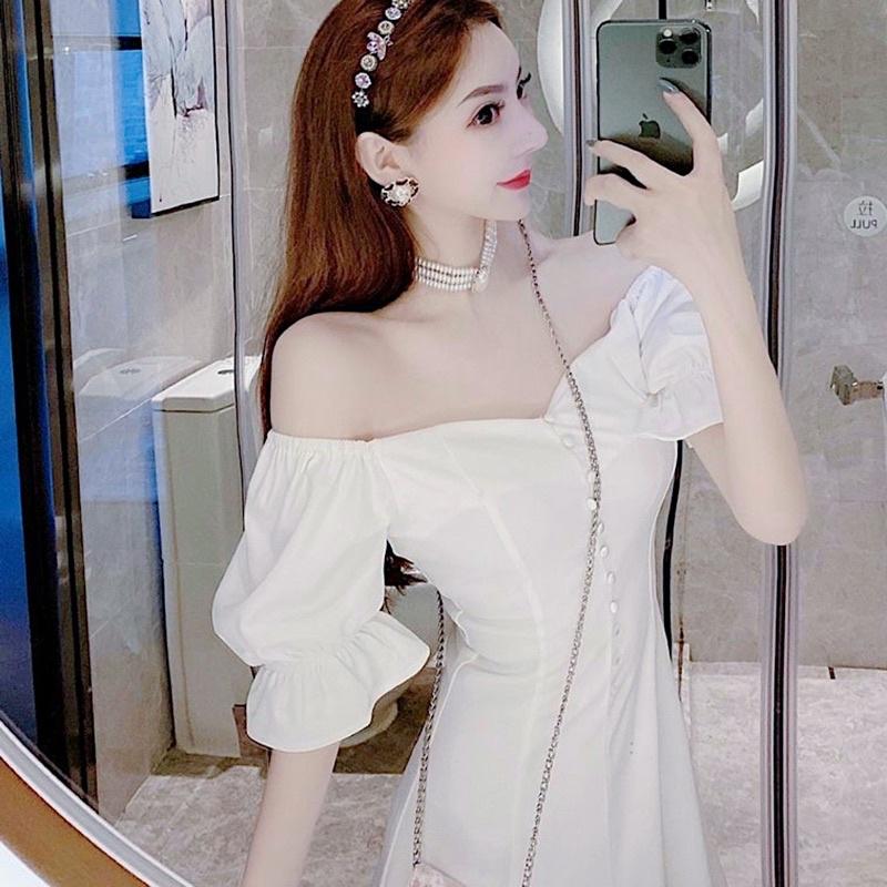 ĐẦM ĐI TIỆC Đầm váy cổ vuông nút bọc 2 màu