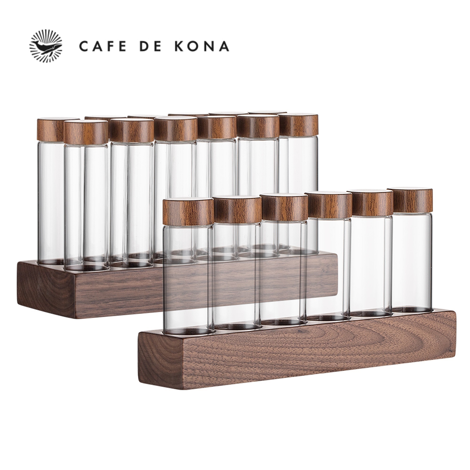 Bộ ống thủy tinh khung gỗ óc chó đựng cà phê CAFEDE KONA