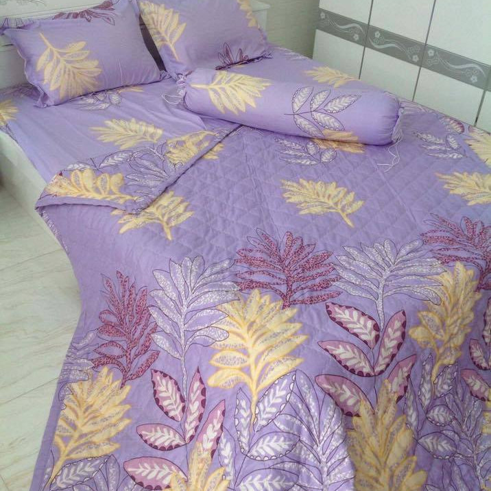 BỘ DRAP  GỐI COTTON PHA MẪU LÁ ME TÍM