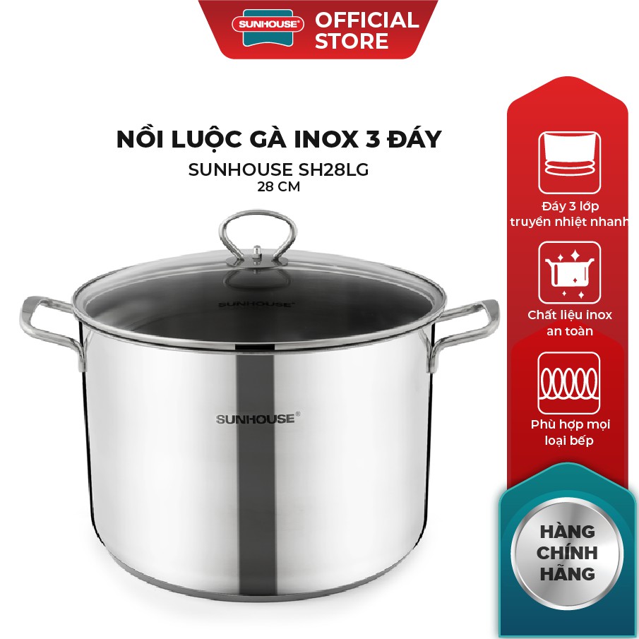 Nồi luộc gà inox 3 đáy SUNHOUSE size 32/ size 28 Vung kính cường lực - Hàng chính hãng