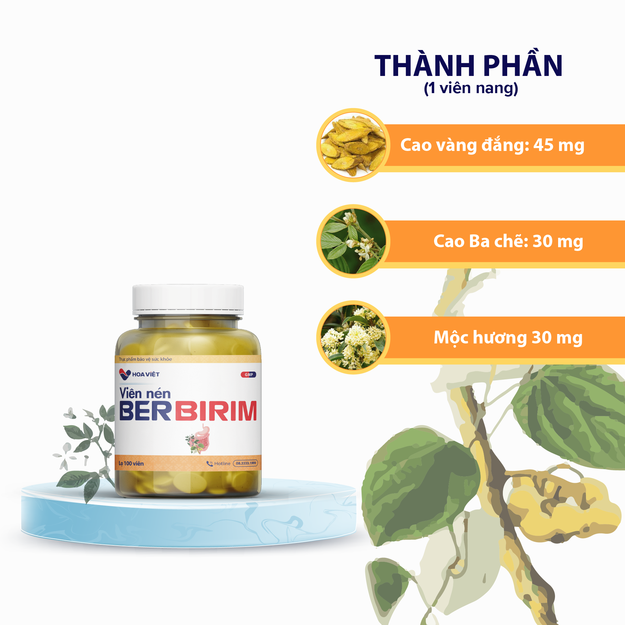 Viên uống Berbirim Hoa Việt - Hỗ trợ giảm nhanh đau bụng, rối loạn tiêu hóa, tiêu chảy lọ 100 viên