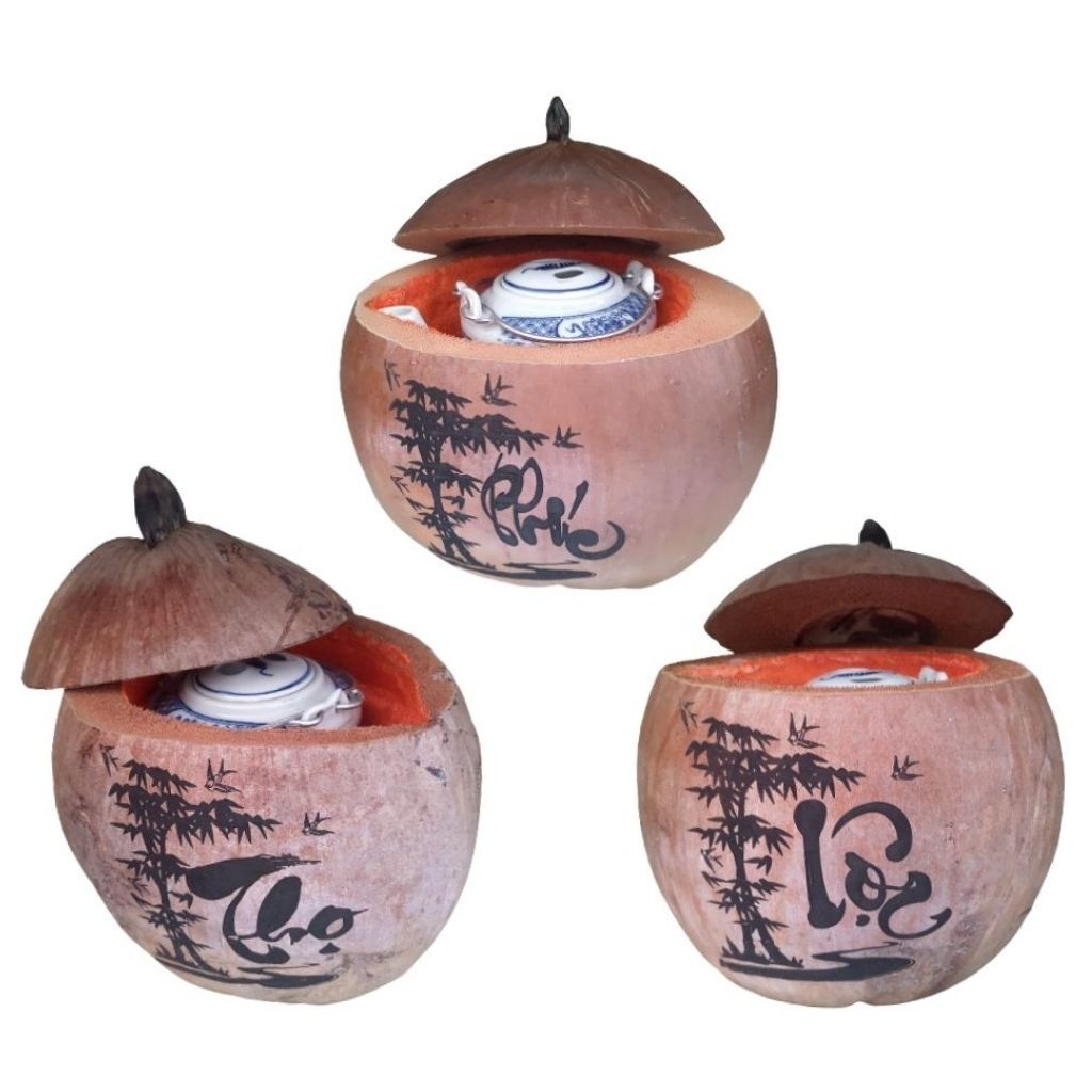 Bình Giữ Ấm Trà Trái Dừa Hoa Văn Lồng Chữ Thọ Và Bình Trà 400 - 950ml - Sản Phẩm Được Sản Xuất Tại Bến Tre