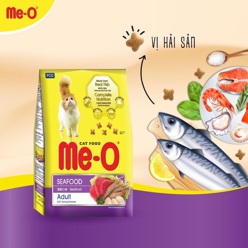 Thức ăn hạt khô cho mèo trưởng thành Me-O vị cá ngừ, hải sản gói 350g - 1,2kg