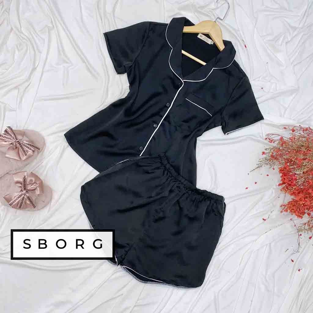Bộ đồ ngủ nữ SBORG đồ bộ lụa satin trơn áo tay ngắn ren tròn, viền dún dễ thương phối quần đùi có túi đáng yêu bigsize quà tặng Vợ thoải mái mặc ngủ ở nhà hoặc đi ra ngoài