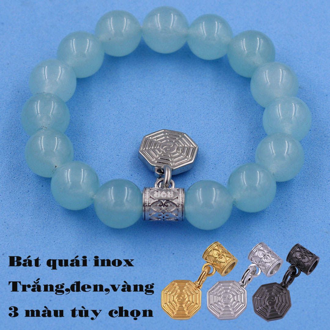Chuỗi tay thạch anh Xanh Biển 12 ly - Charm Bát quái inox VTAXBBQTR12 - Hợp mệnh Thủy, mệnh Mộc