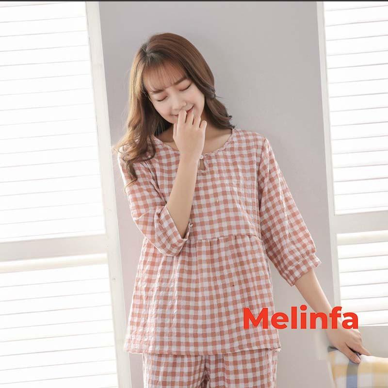 Bộ đồ ngủ nữ, bộ Pyjamas mặc nhà nữ cổ tròn tay lửng, quần dài chất cotton lụa tự nhiên phong cách trẻ trung mã VABD0197