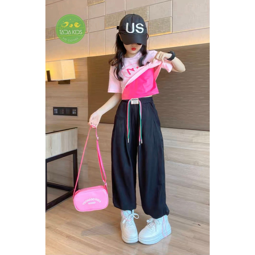 Đồ bộ bé gái, Bộ quần áo croptop phong cách hiphop cho bé gái từ 13-40kg chất thun cotton mịn mát