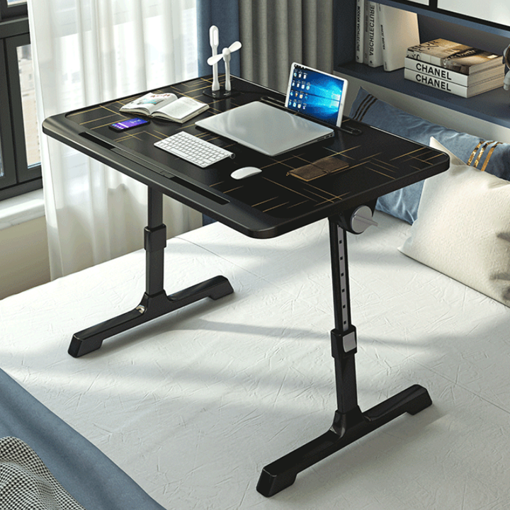 Bàn làm việc ngồi giường màu đen mẫu cao cấp, bàn gấp ngồi giường Full, ngăn kéo, USB, giá sách, khe cắm thẻ KO126
