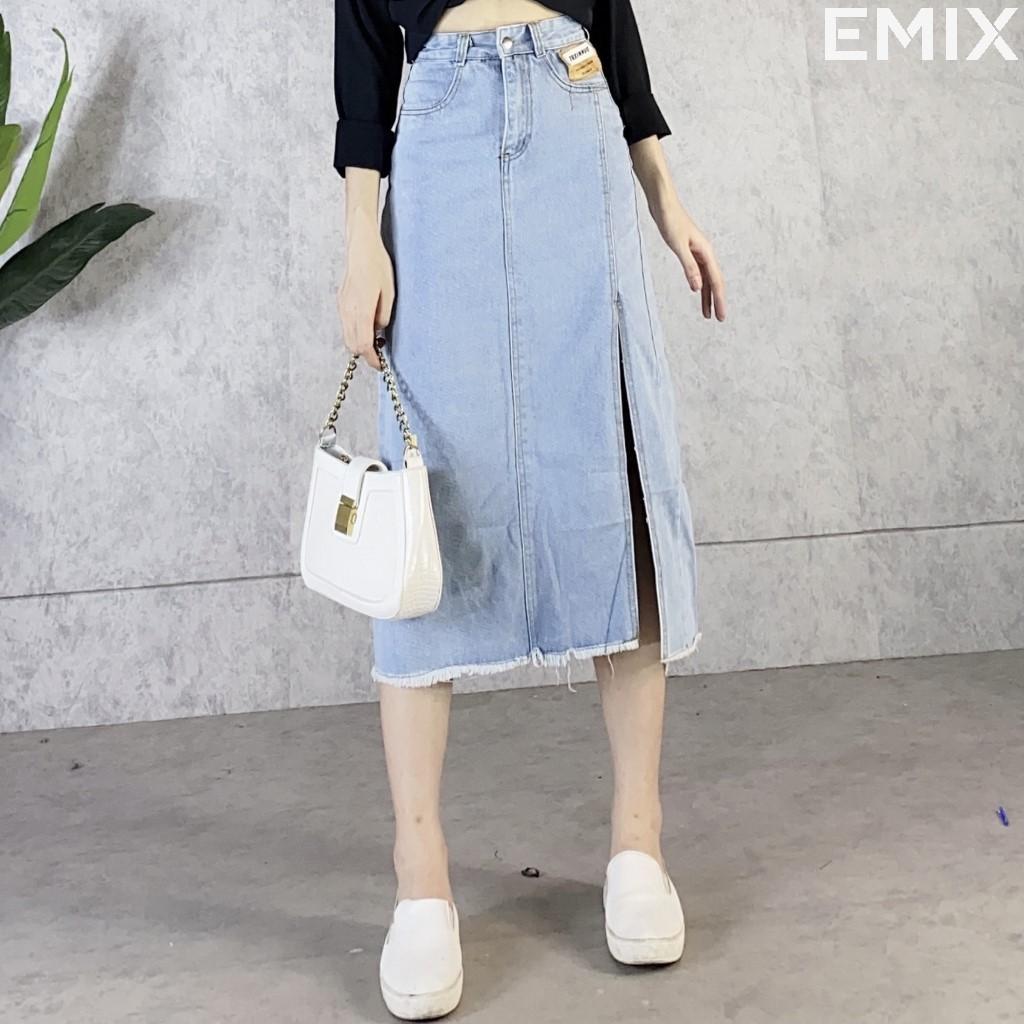 Chân váy jean xẻ chân EMIX (màu xanh), dáng dài, 1 lớp, cạp cao, dài 78cm, chất jean mềm mịn đứng dáng, xẻ chân cuốn hút
