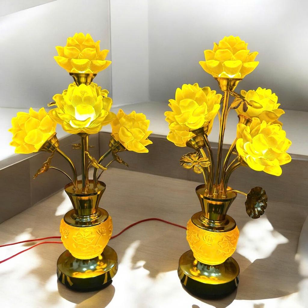 cặp đèn thờ 5 bông lưu ly sen nổi RỒNG VIỆT, Cặp đèn thờ thân hợp kim thiết kế cao cấp