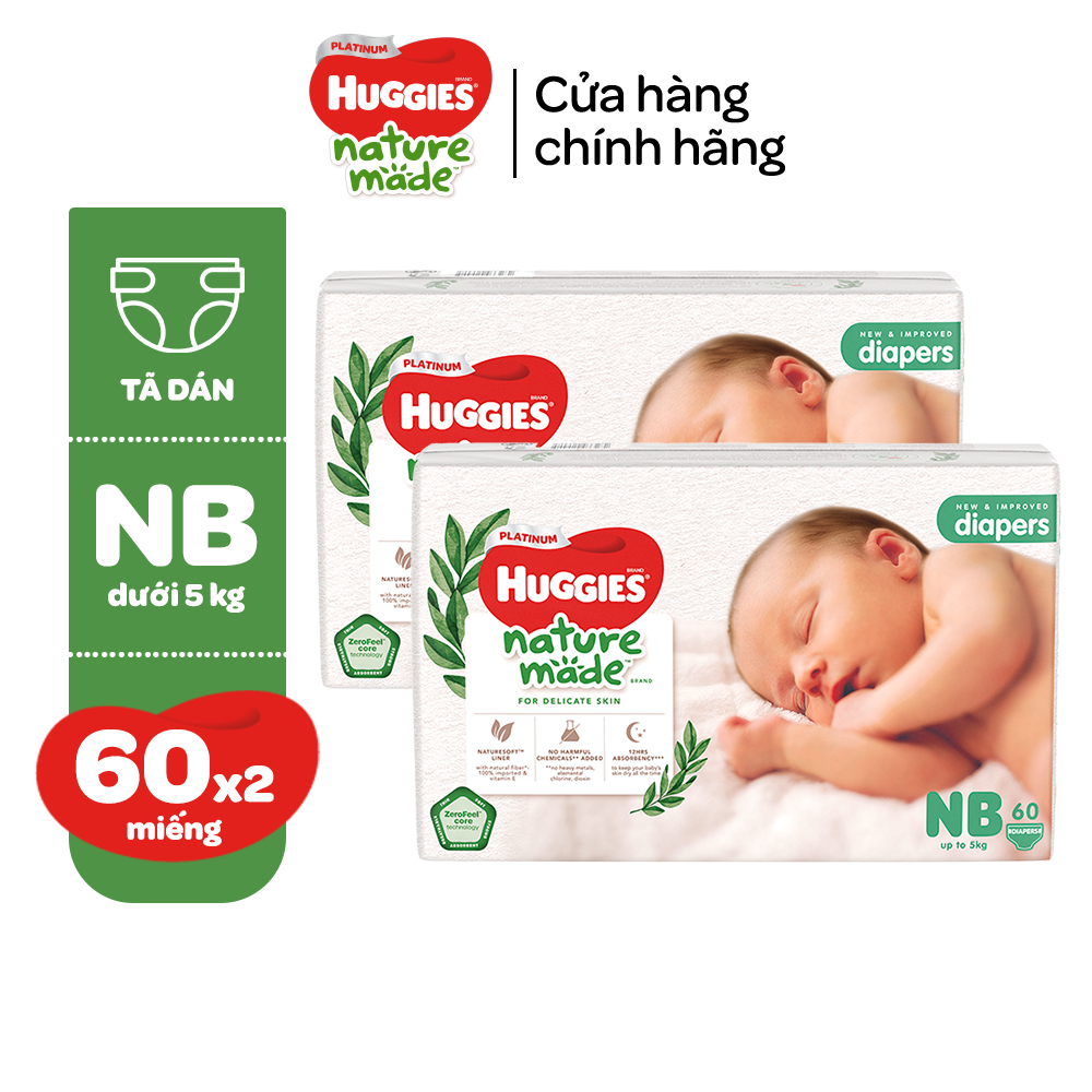 Combo 2 Tã/Bỉm dán sơ sinh Huggies Platinum NatureMade S82/NB60