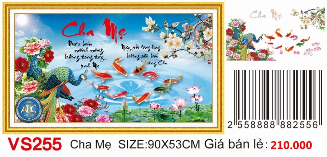 Tranh đính đá cha mẹ cá chép hoa sen VS255 - 90 x 53 cm - chưa đính