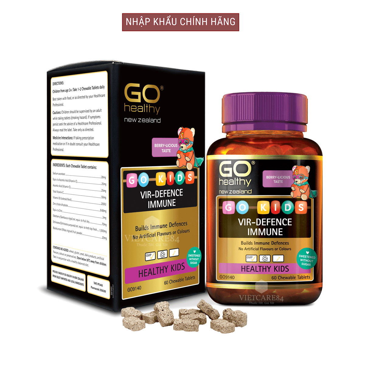 Viên nhai tăng sức đề kháng cho bé nhập khẩu chính hãng New Zealand GO KIDS VIR-DEFENCE IMMUNE   hỗ trợ tăng cường sức khỏe, tăng sức đề kháng; giảm tình trạng mệt mỏi hay ốm vặt ở trẻ em