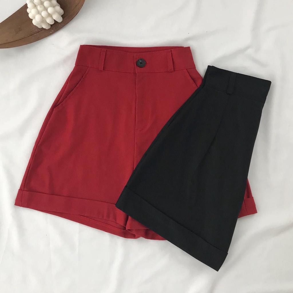 Quần Short Kaki Nữ Trơn Basic Quần Đùi Nữ Ống Rộng Lưng Cao Gấp Gấu Fullsize 5 Màu Đỏ Đen Be Xanh Rêu LAMON 2838