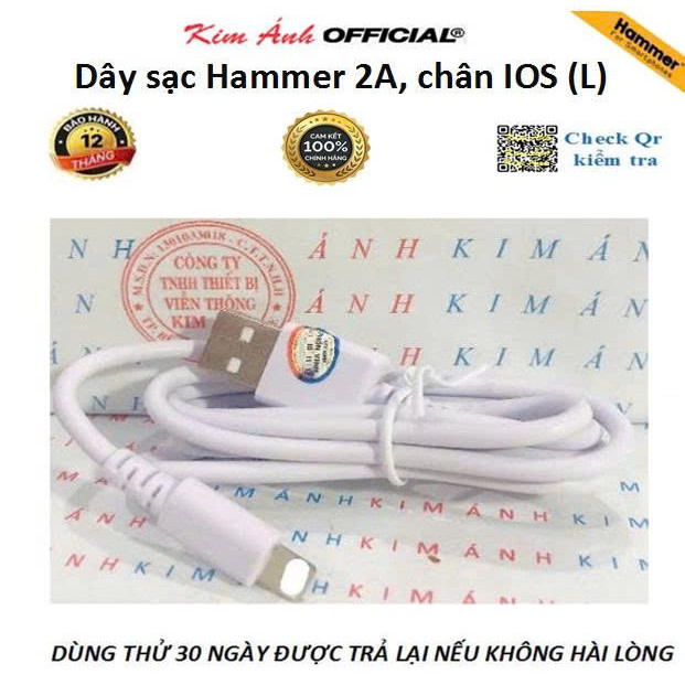 Dây sạc Ham mer chân cắm IOS (L ) dòng điện 2A, Kim Ánh bảo hành hàng chính hãng 12 tháng