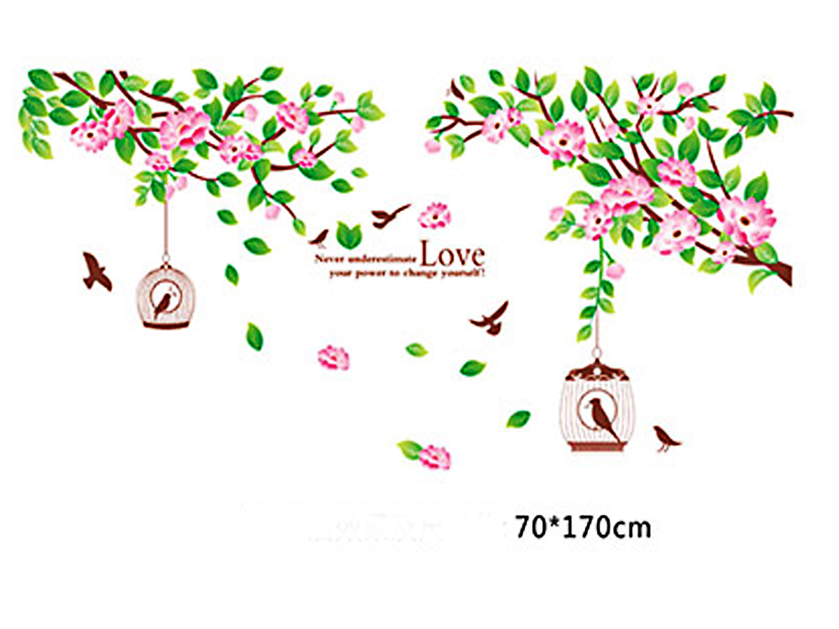 decal dán tường cây hoa và lồng chim chữ love