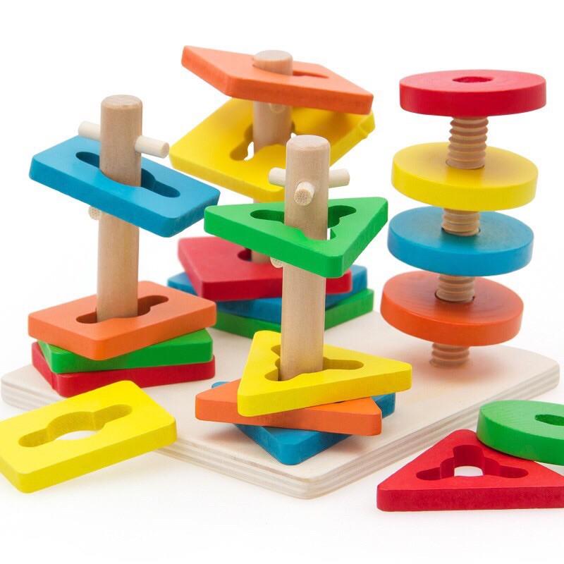Thả hình khối 3D đế vuông 4 trụ - Đồ chơi gỗ thông minh cho bé