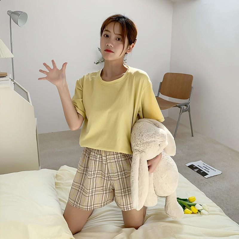 Bộ đồ nữ mặc nhà mùa hè mặc nhà kẻ dễ thương phiên bản Hàn Quốc