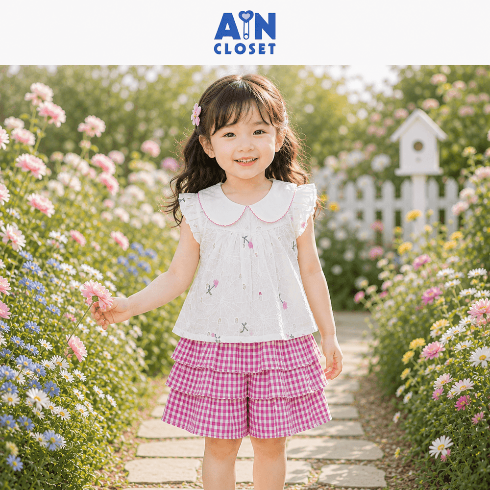 Bộ quần áo Ngắn bé gái họa tiết Caro Hoa Tím Cotton - AICDBGVJPB9U - AIN Closet