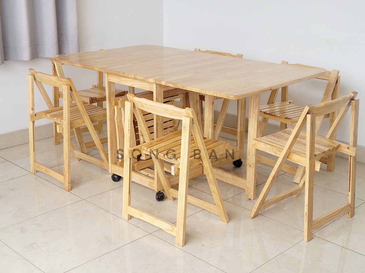 Bàn Ăn Gỗ Cao Su Xếp Gọn 90 x 1m6 Thông Minh Dày Dặn Chắc Chắn - Hàng VN Xuất Khẩu