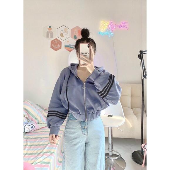 Áo khoác lửng croptop nỉ ngoại sọc tay có nón unisex ulzzang nam nữ