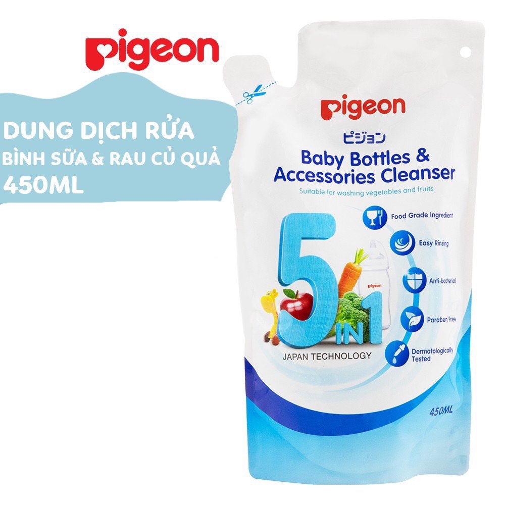 COMBO Nước rửa bình sữa, rau củ quả 5in1 + Cây súc rửa bình sữa Pigeon ( Tặng 01 ống bón 3ml )