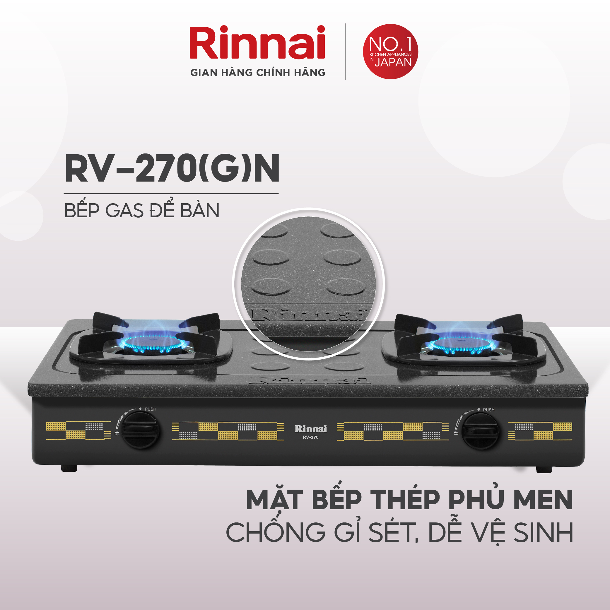 Bếp gas dương Rinnai RV-270(G)N mặt bếp kính Schott và kiềng bếp men - Hàng chính hãng